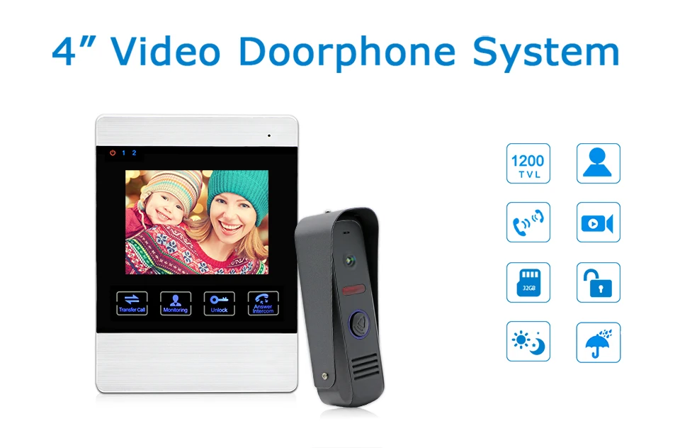 JeaTone видео дверной звонок 4 дюймов 1200TVL непромокаемые ночное видение наружная камера и внутренний монитор домофон телефон комплект