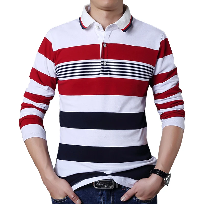 Plus Size M-5XL Men's Stripe Long Sleeve T-Shirt Stand Collar Male Slim Fit New Cotton Tops Tees Causal T-shirt Clothes | Мужская