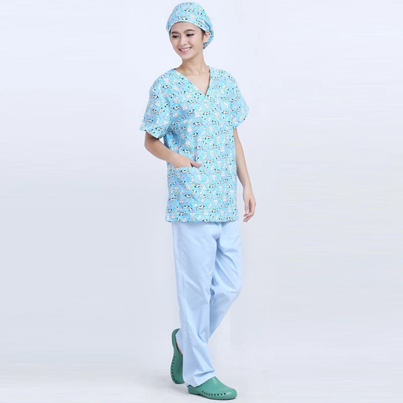Dogs Printed Doctor Nurse Uniform Women Short-sleeve Scrub Sets Medical Uniform Hospital Dental Clinic Beauty Salon Workwear Set
