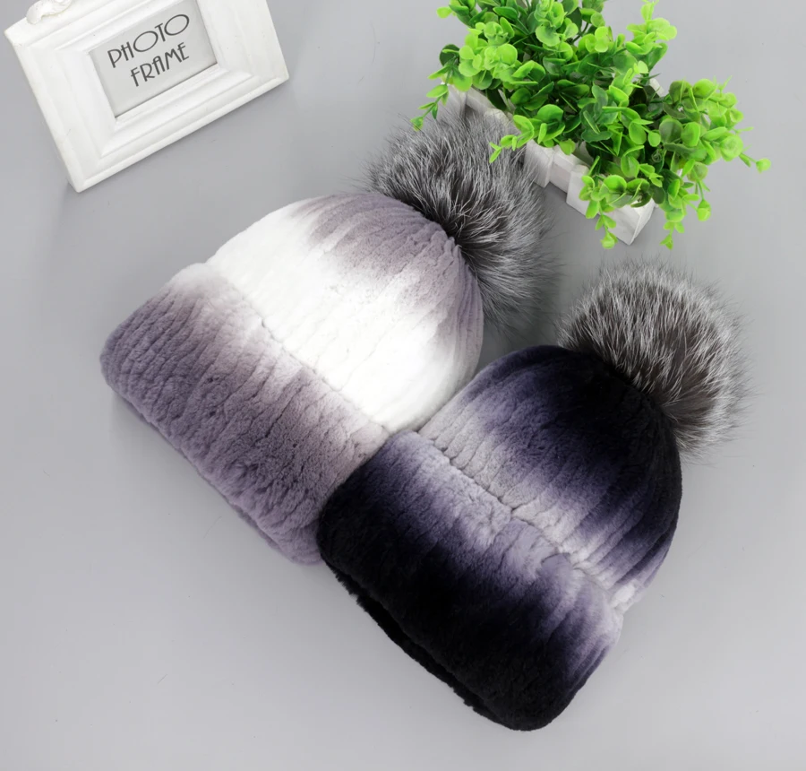 2016 Fashion Genuine Real Rex Rabbit Fur Handmade Stripe Sew Silver Fox Fur Pom Pom Ball Women's Winter Warm Hat Cap Beanie