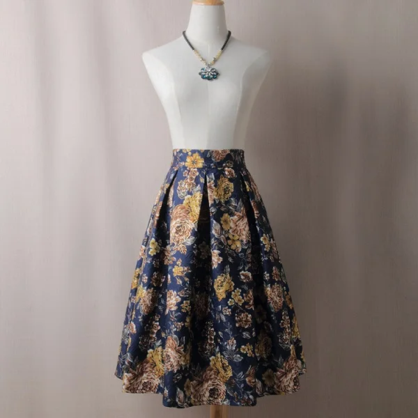 floral Pleated Skirt Летняя женская юбка винтажная Цветочная Печать Высокая Талия бальное платье женские элегантные трапециевидные офисные Плиссированные Миди юбки-солнце - Цвет: floral Pleated Skirt