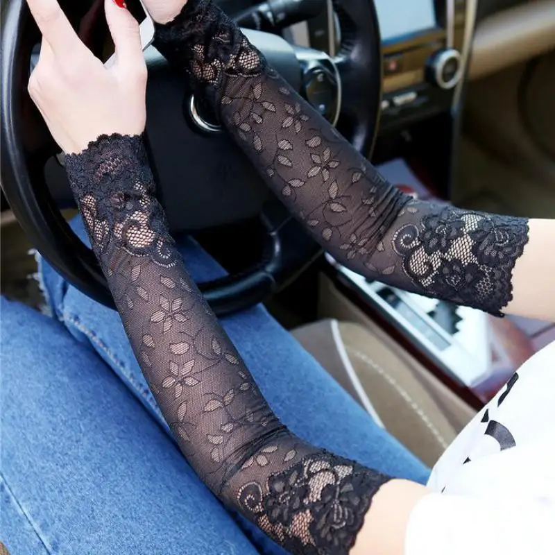 

Summer Women Sexy Lace Gloves Sunscreen Long Lace Fingerless Mittens Covered Scar Elastic Sleeve Ladies Driving Gloves AGB638