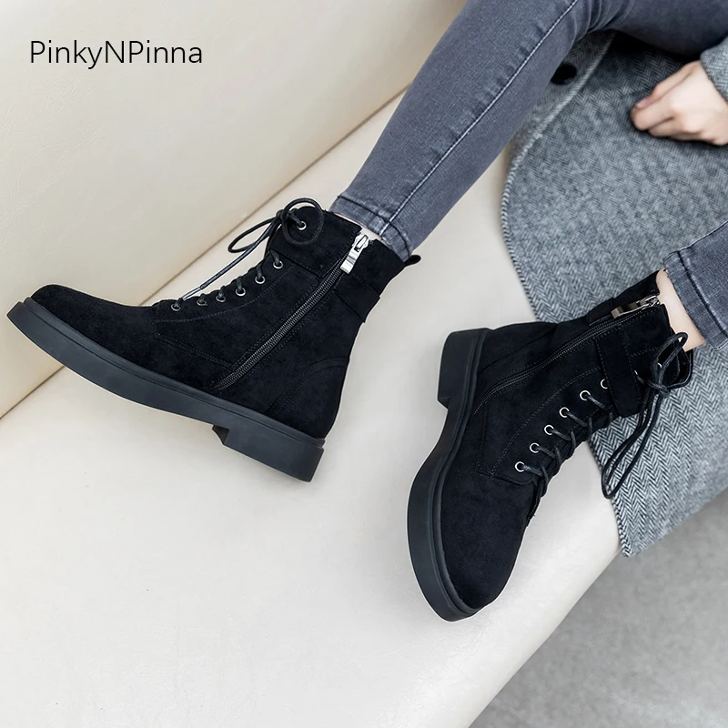 

winter women flock ankle boots buckle warm flat short plush inside snow boots martens black street booties office ladies shoes