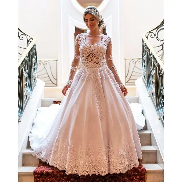 

2021 V Neck Lace Appliques A Line Wedding Dresses Sheer Back Long Sleeve Sweep Train Elegant Bridal Gowns Vestido De Noiva