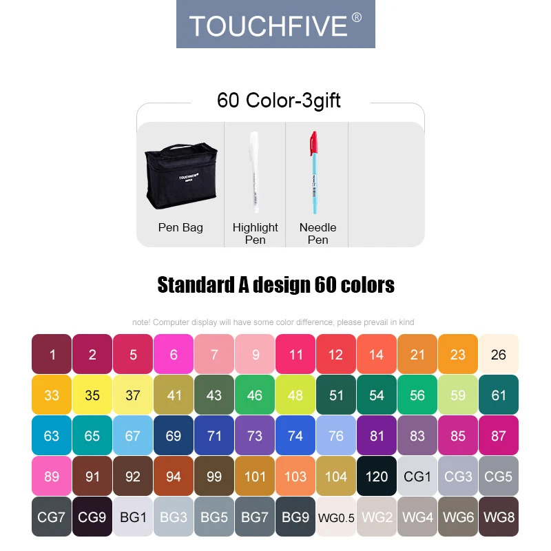 60 standard design TouchFIVE 30/40/60/80/168 набор цветных маркеров с двойным наконечником, спиртовая основа, хорошее смешивание чернил, профессиональное качество для рисования скетчей, манги, аниме - Цвет: 60 standard design
