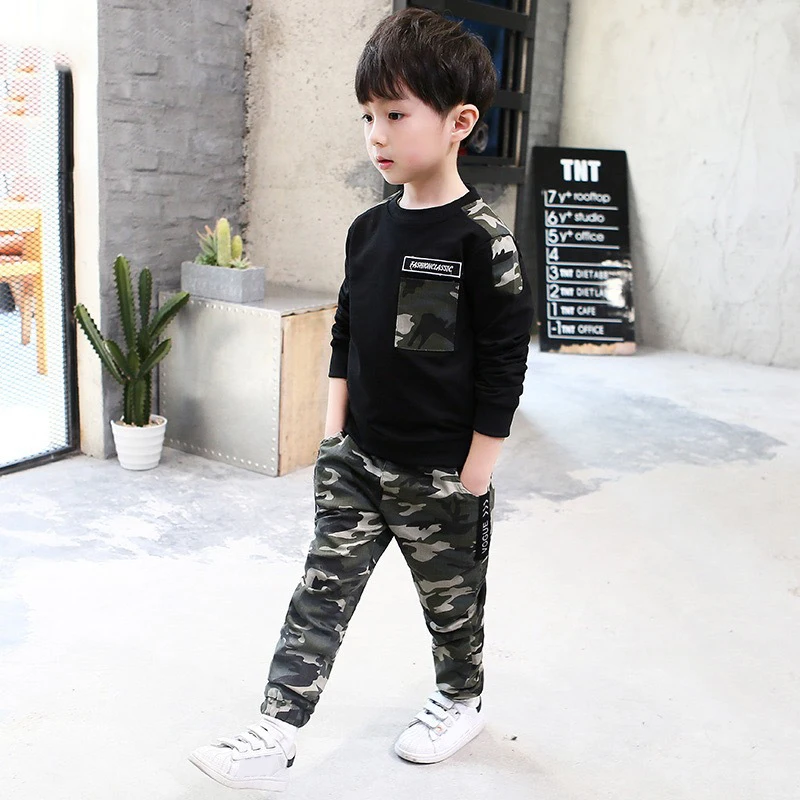 DIIMUU 2Pcs Kids Clothing Boys Casual Sports Tracksuit Children Clothes Long Sleeve T-Shirts Camouflage Pants For Boy 5-10 Years |