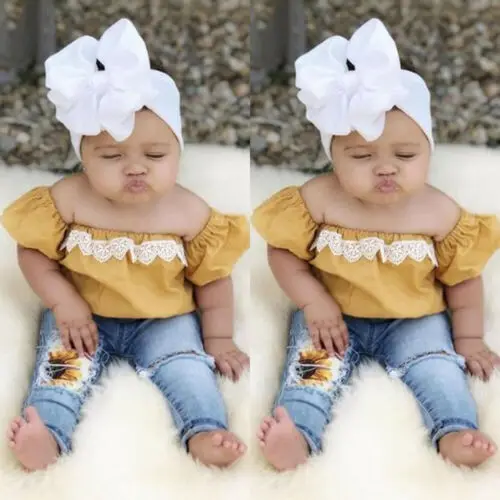 2 шт. кружевная футболка с открытыми плечами и рваные брюки розами | Мать ребенок