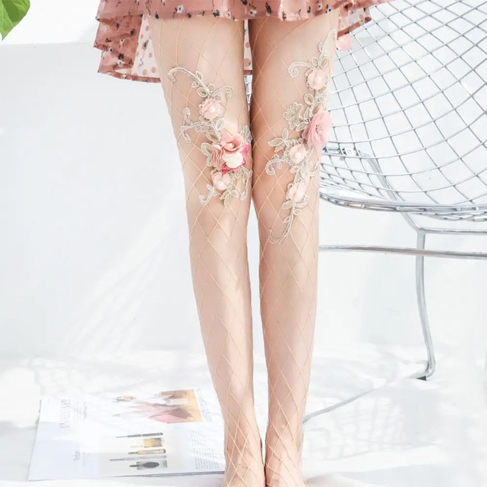 Женские колготки с цветочной вышивкой летние сетчатые большим крючком|Колготки|