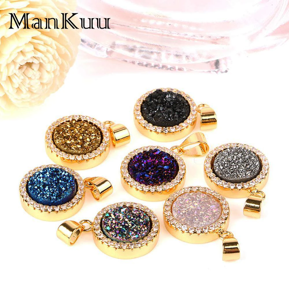 Mankuu Round Opal Druzy Pendant Charms Gold Plating Rainbow Crystal Natural Stone Pendants DIY Jewelry Making Accessories | Украшения и