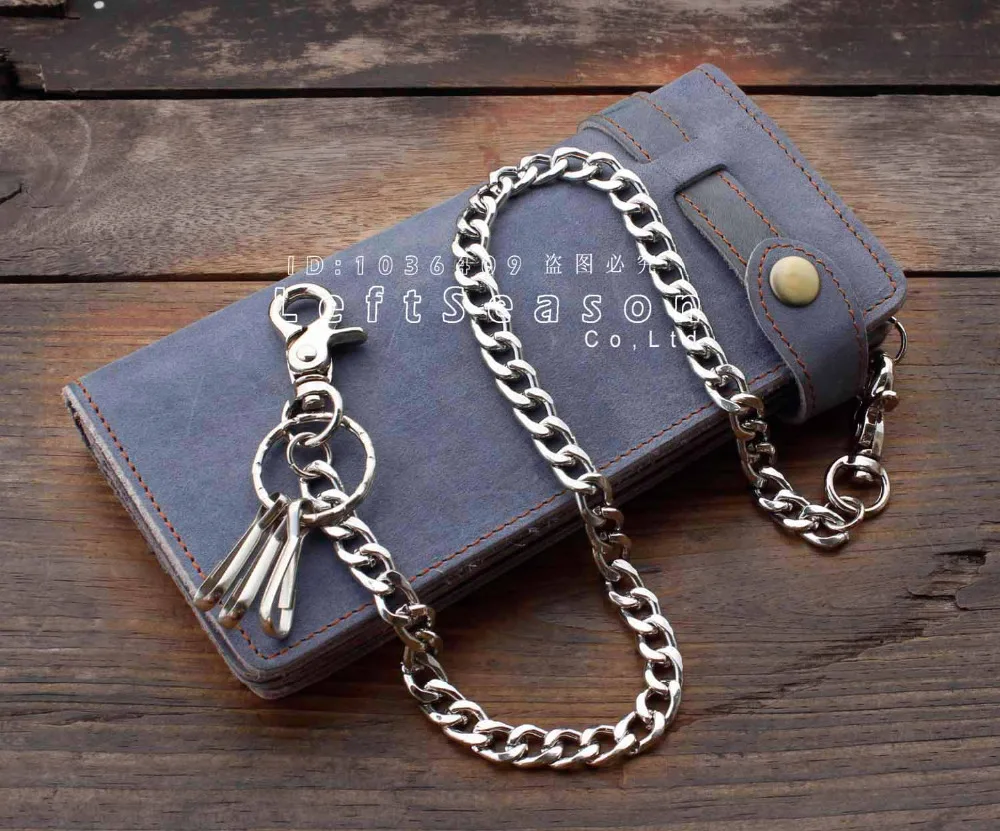 Men's Motorcycle punk Long Leather Wallet With a Heavy Metal Cuban key chain |