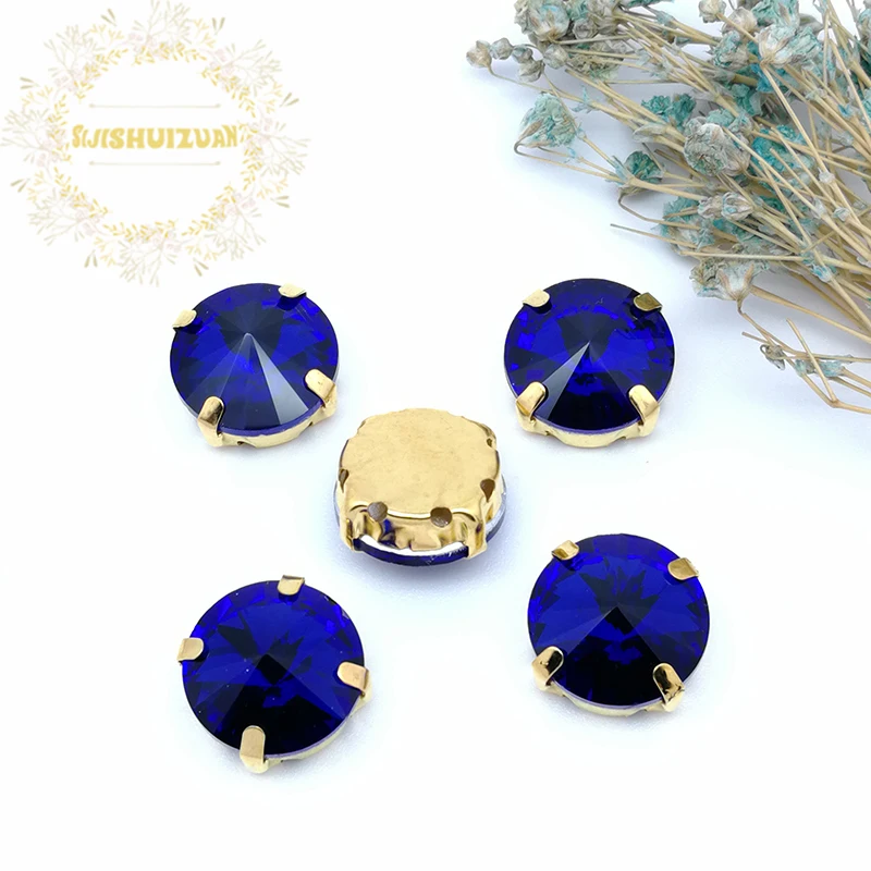 Сапфировый синий круглый стеклянный кристалл пришит Стразы с золотым когтем Diy