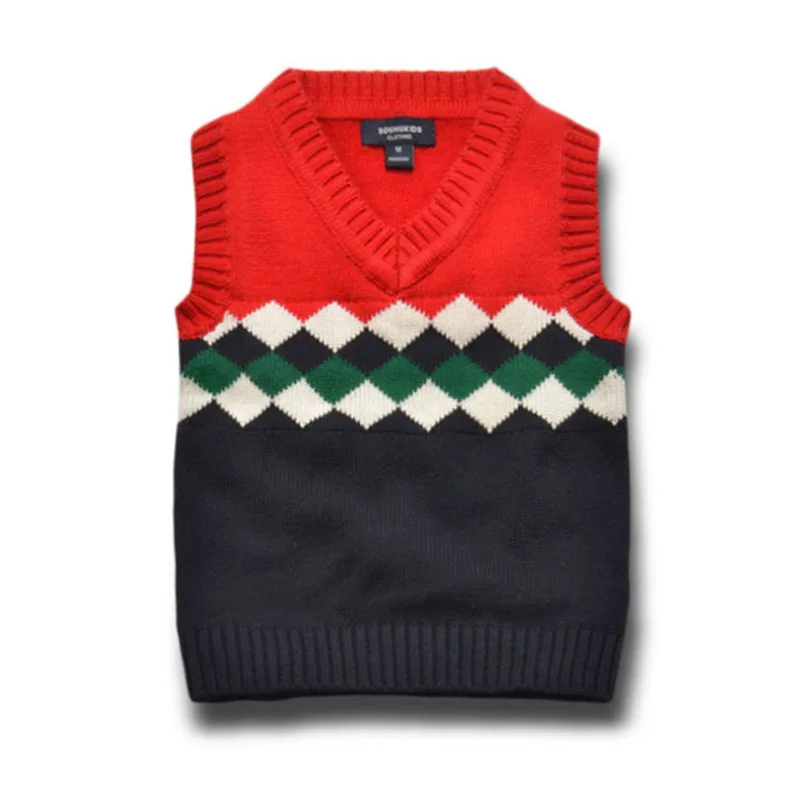 Baby knitwear clothes for boys and baby girls Spring Fall V-Neck Preppy style Geometric pattern knitted sweater children's vest |