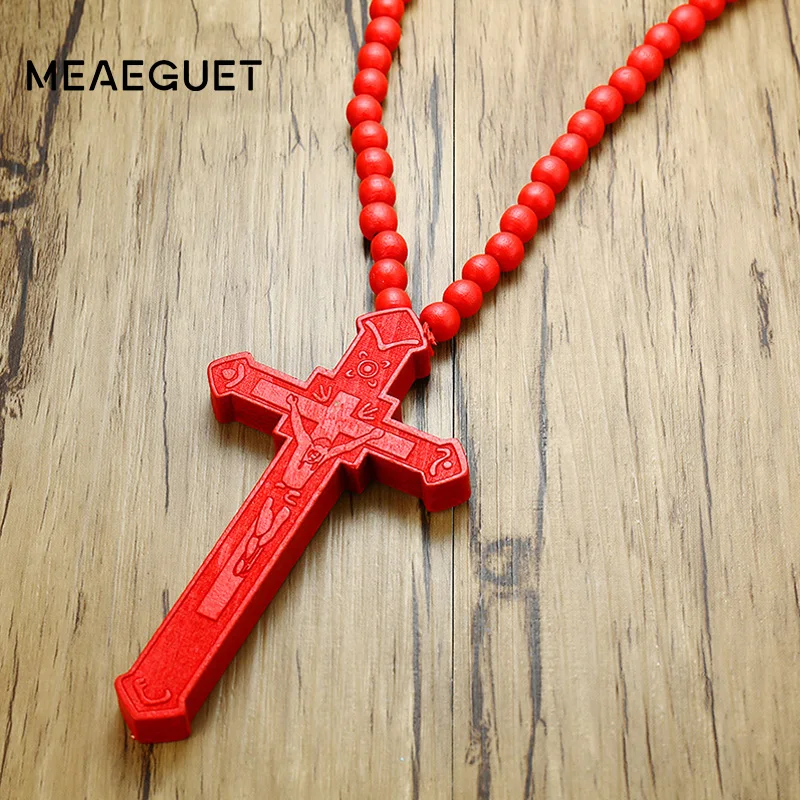 Large Wooden Catholic Jesus Men's Cross with Carved Rosary Pendant Long Collier Statement Necklace image 6