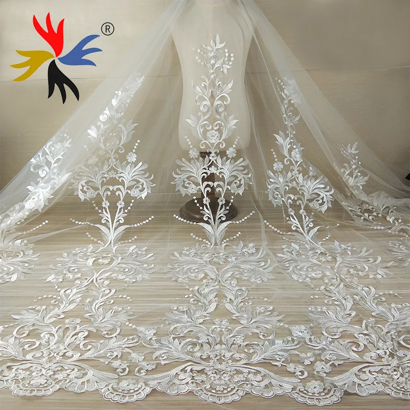 5Yards White Embroidered Wedding Lace Fabric High Quality Tulle Mesh lady dresses gowns making | Дом и сад