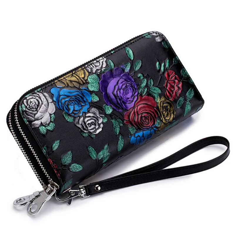 Винтажные женские кошельки с розами и краской RFID Длинный кошелек большая емкость