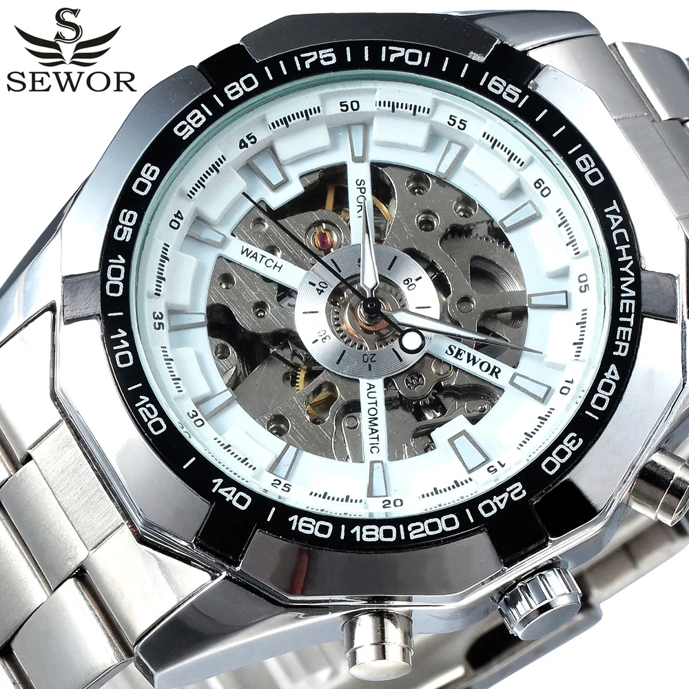 SEWOR спортивные дизайнерские механические часы с скелетом мужские из нержавеющей