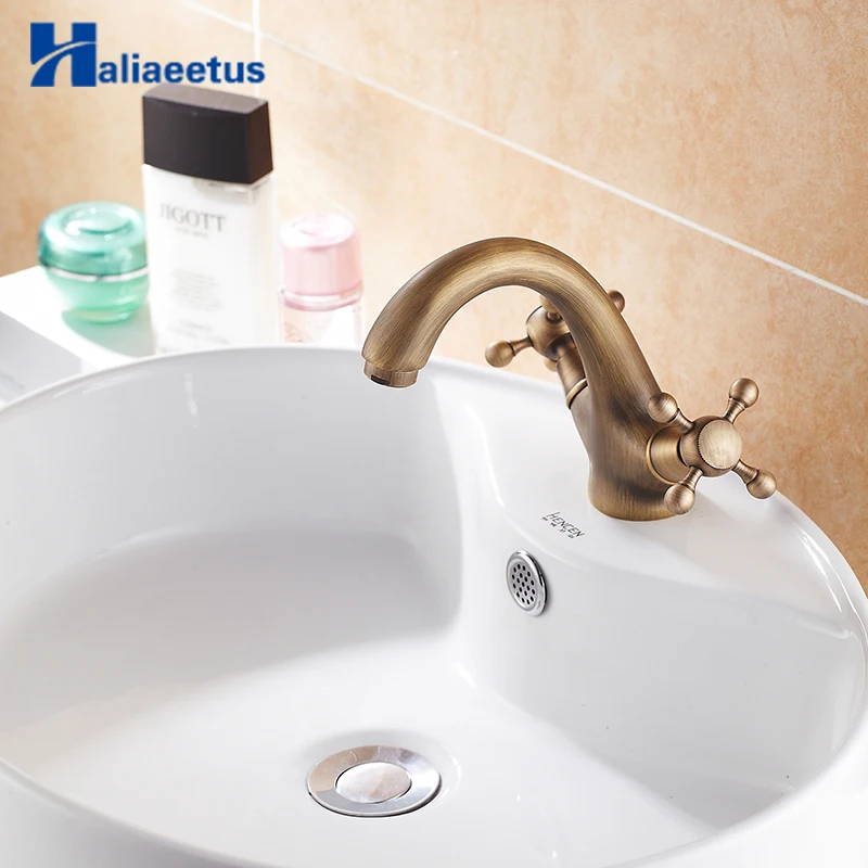 Смеситель для ванной комнаты из античной латуни с двумя ручками смеситель