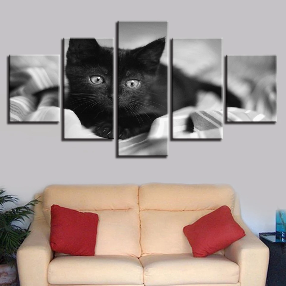 Фоторамка с модульной художественной печатью 5 шт. животные Черный кот постеры
