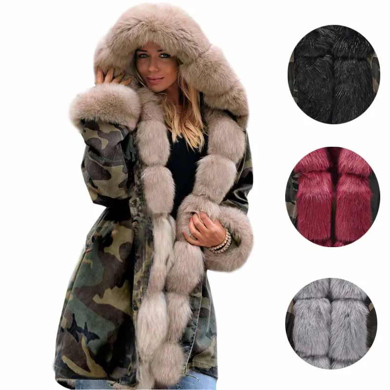 2019 камуфляжное зимнее пальто с мехом и капюшоном Женская куртка хлопковые ватные