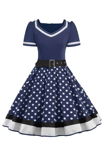 Navy Blue Женские коктейльные платья Большие размеры в горошек и принтом в стиле ретро, Винтаж 50s Повседневное вечерние рокабилли поясом платье Vestidos Femininos - Цвет: Navy Blue