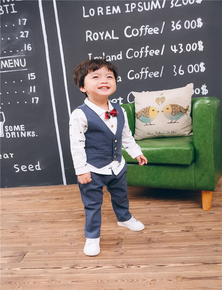Детская одежда для детей 1, 2, 3, 4, 5 лет, весенне-осенняя одежда комплект из 3 предметов, рубашка штаны с длинными рукавами, брюки, жилет, костюм