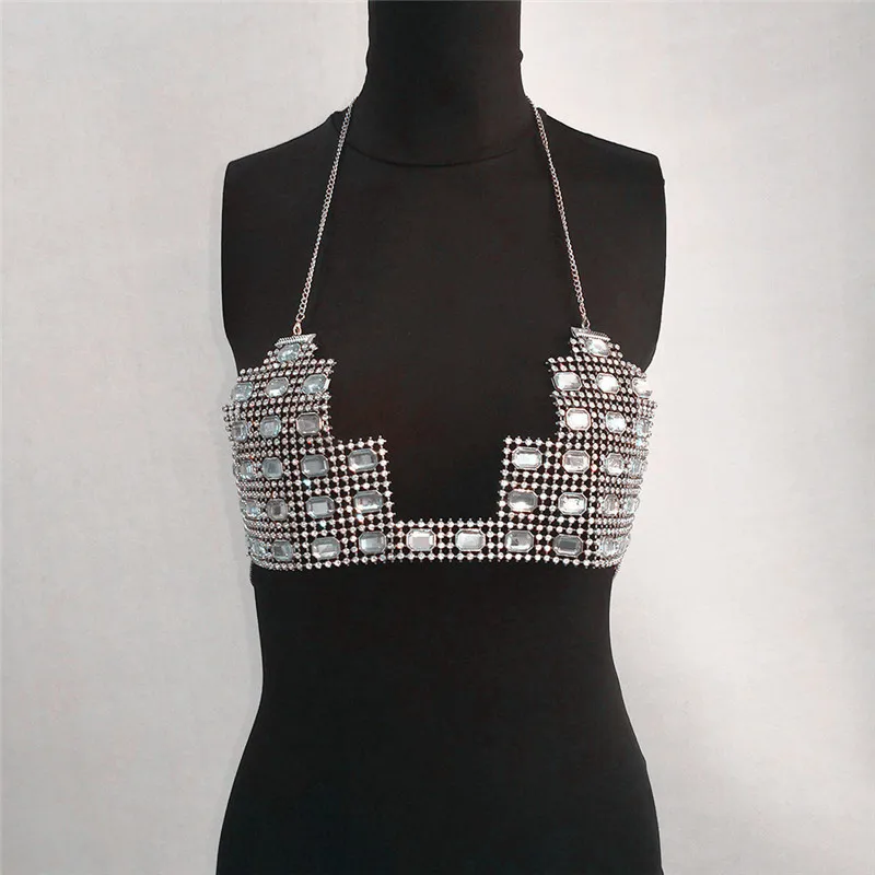 Кроп топ женский с металлической цепочкой пикантный пляжный со стразами