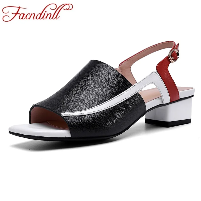 black soft leather FACNDINLL/брендовые летние модные женские пикантные босоножки с острым носком женские вечерние босоножки на толстом каблуке средней высоты для свадьбы и офиса - Цвет: black soft leather