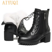 aiyuqi 2021 genuine leather high heel women snow boots big size 41 42 43 wool warm female winter boots female military boots