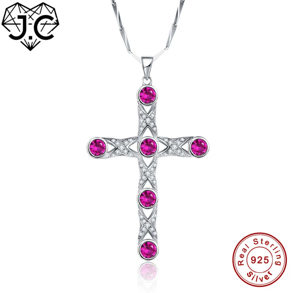 

J.C for Women Excellent Cross Design Round Cut Ruby Spinel & Sapphire Blue Topaz Solid 925 Sterling Silver Pendant Fine Jewelry
