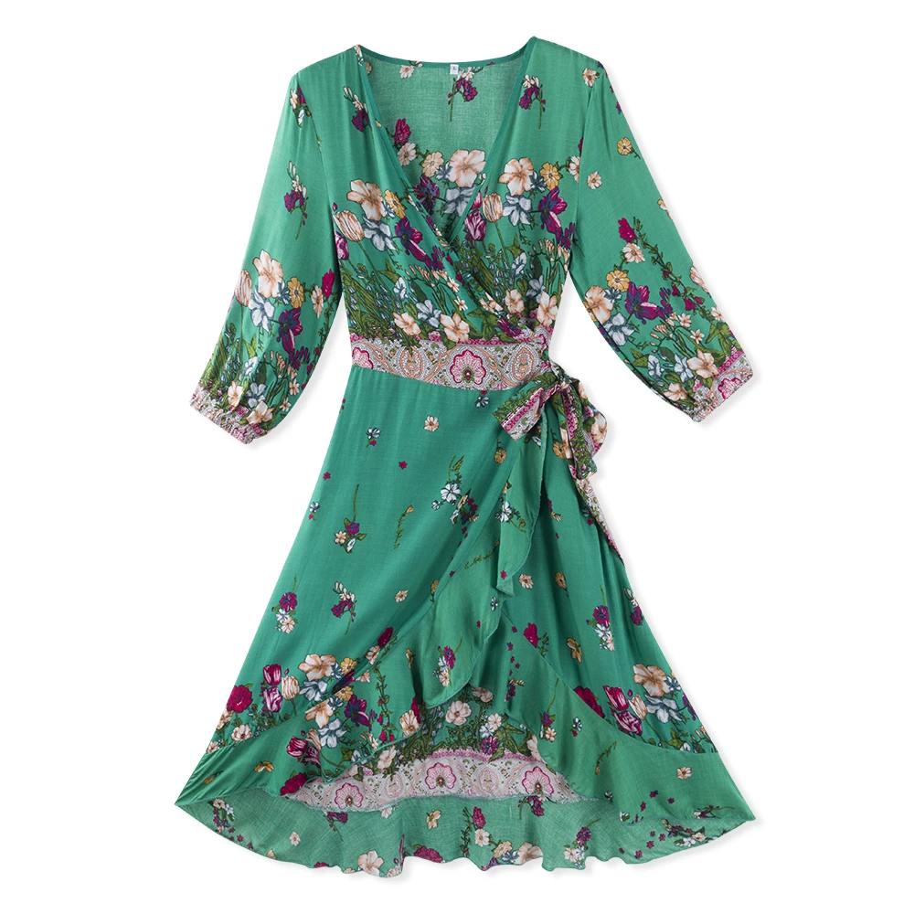 Neatie kiddie Women Sexy Print V-neck Midi Dress Three Quarter Sleeve Beach Style Casual A-line Female Vestidos | Женская одежда