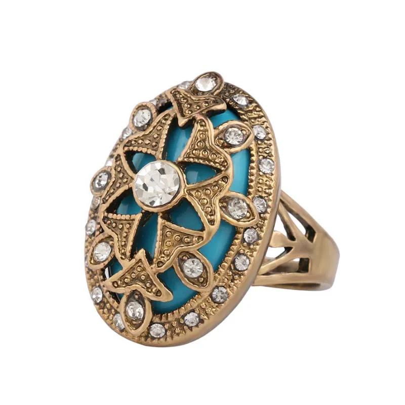 

Vintage Fashion Jewelry Gift Wholesale Gold Color Rhinestone Rings For Women Flower Hollow Out Jewelry