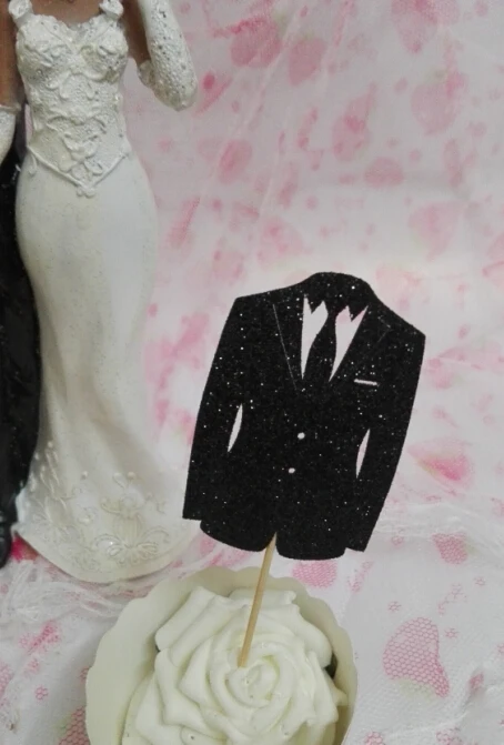 

glitter black groom suits Cupcake Appetizer toppers bridal shower Wedding engagement Bachelorette party food picks
