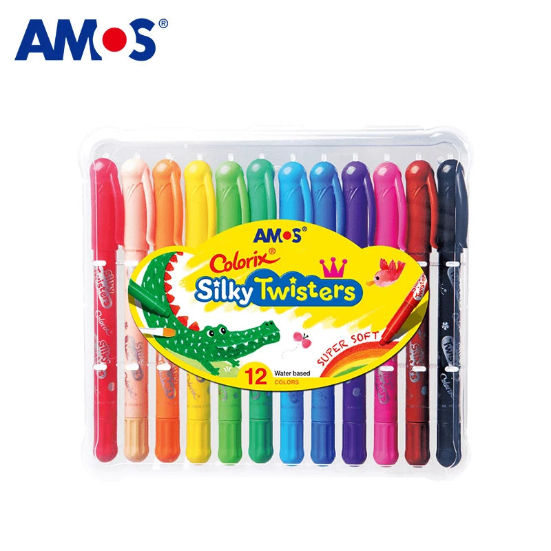 AMOS CST24 цветные шелковистые мелки, 24 цвета в наборе, водорастворимые вращающиеся Масляные карандаши для рисования, кисть для детской краски, пластиковый чехол - Цвет: 12 Colors Fine Body