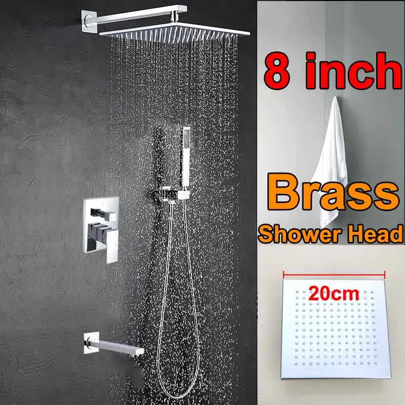 8 inch Brass Head Настенный светодиодный Светодиодный душевой набор, смесители, квадратная хромированная насадка для душа, кран с ручным распылителем для душа, смеситель - Цвет: 8 inch Brass Head