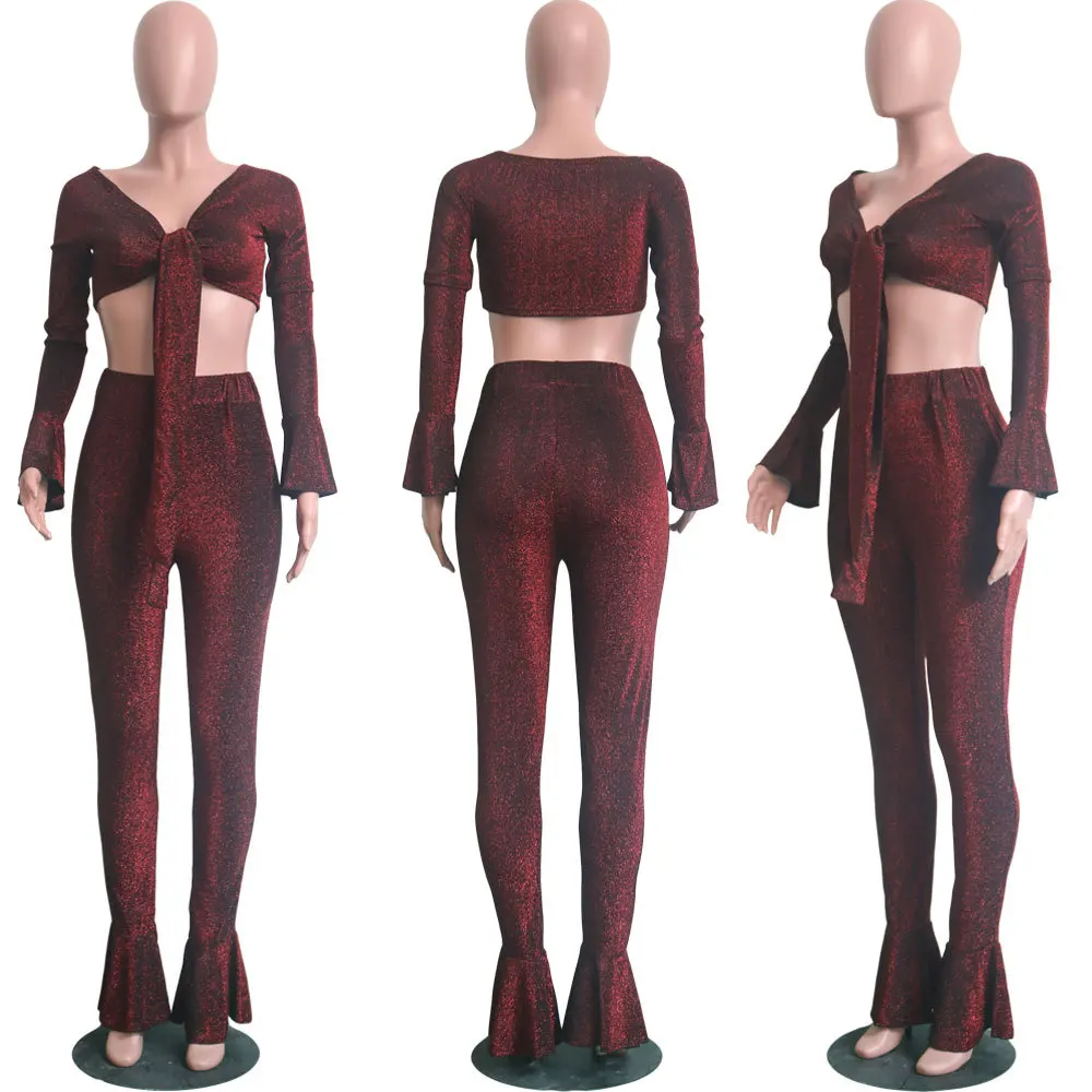 

Autumn Elegant Women New Design V Neck Full Sleeve Top With Flare Pants Women Suits