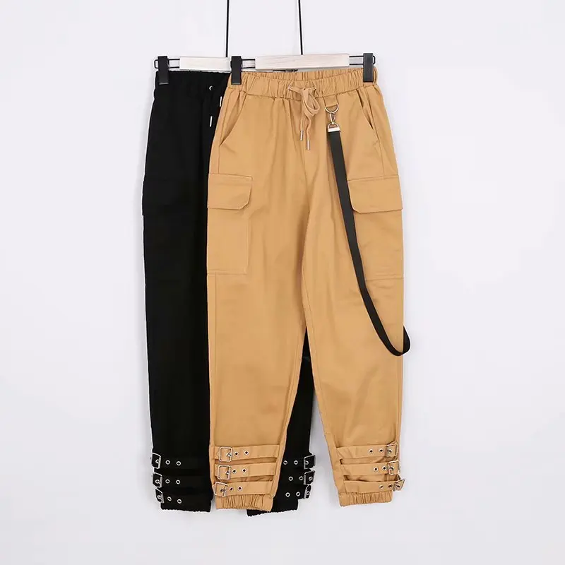 2018 women clothing elastic waist pockets solid cotton capris cargo pants Female fashion casual loose straight trousers K1994 | Женская