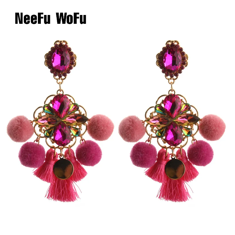 Серьги подвески NeeFu WoFu с шариками большие серьги кристаллами и кисточками медные