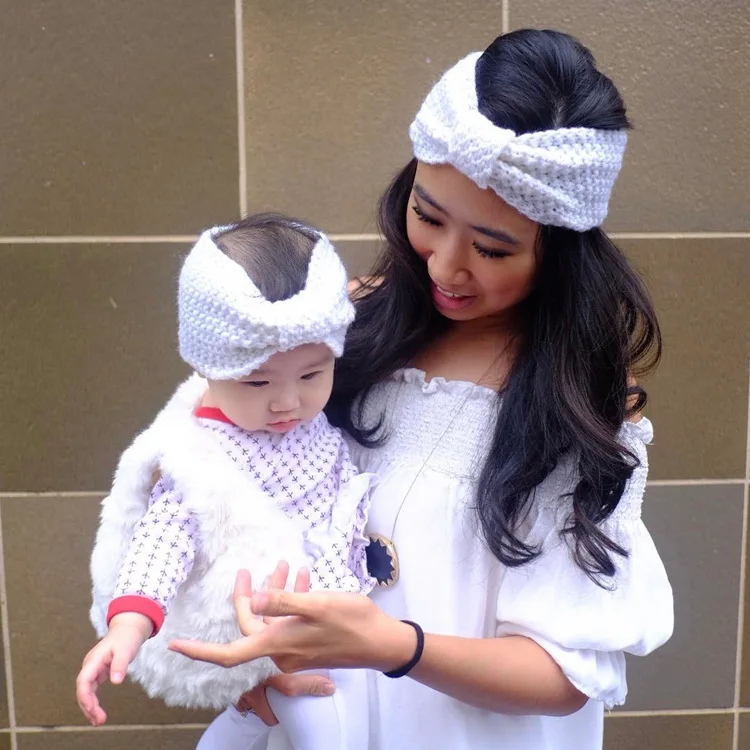 

1pair Mommy Baby Bow Headband Women Children Parent-child Wool Knitted Corn kernels Twist Winter Warm Headwrap Kids Knot Turban