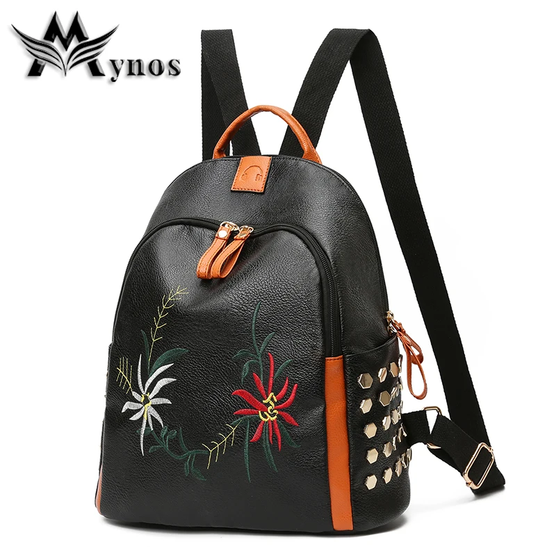 Mynos новое качество кожа Женщины Рюкзак Vintage Вышивка заклепки для девочек школьные
