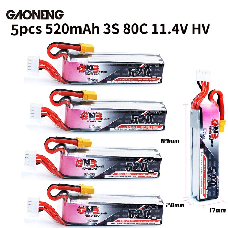 5pcs 520mAh 3S 80C Gaoneng GNB 520mAh 11,4 V Lipo батарея 80C 3S HV 4,34 V RC батарея XT30 Разъем для RC гоночный FPV Дрон RC аксессуары для мультикоптера - Цвет: 5pcs 520mAh 3S 80C