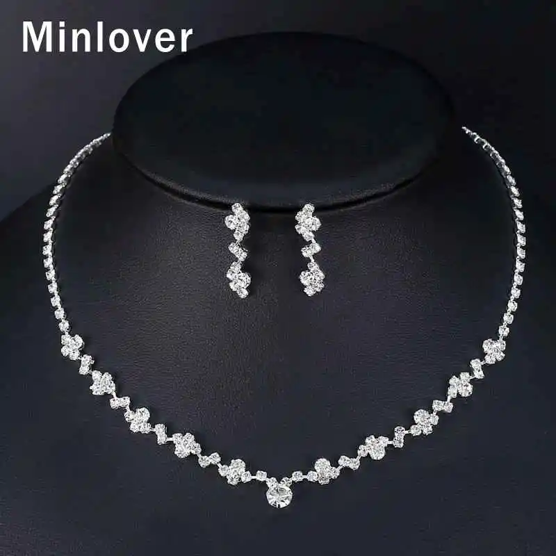 Minlover Серебряный Цвет Кристалл Свадебные Ювелирные наборы простой цветок колье ожерелье Комплект сережек для женщин свадебный ювелирный набор TL507