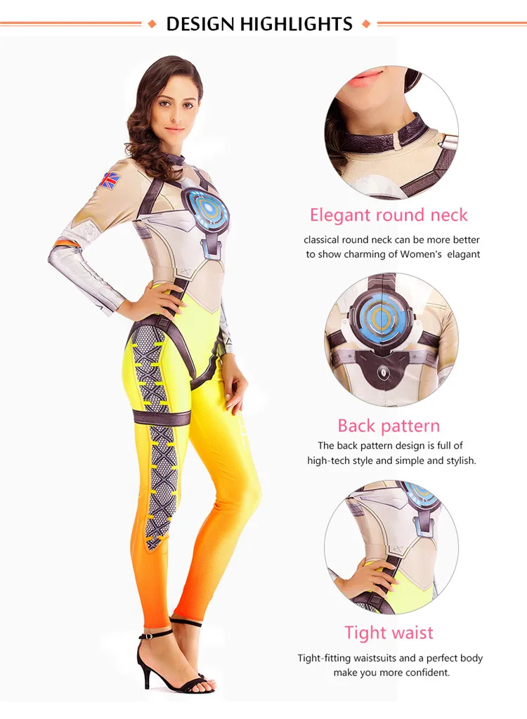 Игра OW супергерой костюм для вечеринки Tracer Copslay женщины zentai 3D полный принт спандекс боди сексуальный комбинезон костюмы на Хэллоуин