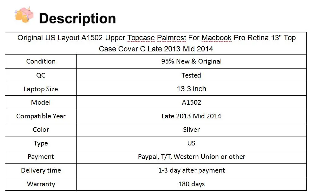 Американский макет A1502 Uper удобный Упор для рук для Macbook Pro retina 1" Верхняя Крышка корпуса C конец 2013 Mid