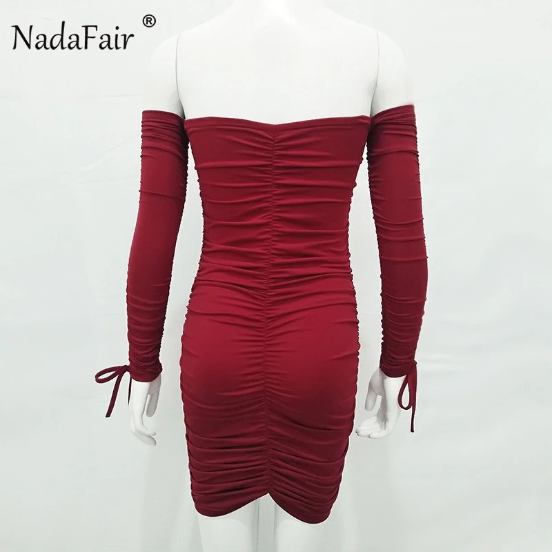 Сексуальное Бандажное платье Nadafair с открытыми плечами, женское, белое, черное, с рюшами, с длинным рукавом, Клубные, вечерние, мини, Осень-зима, облегающее платье