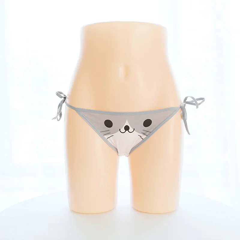 Kawaii, женские трусы на шнуровке с рисунком котенка из мультфильма, трусики с низкой посадкой и милым котиком, нижнее белье в стиле Лолиты для девушек, нижнее белье, треугольное нижнее белье