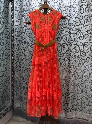 red Красное, черное, кружевное длинное платье, летние модные вечерние платья с круглым вырезом, изысканное платье с вышивкой, фестиваль - Цвет: red