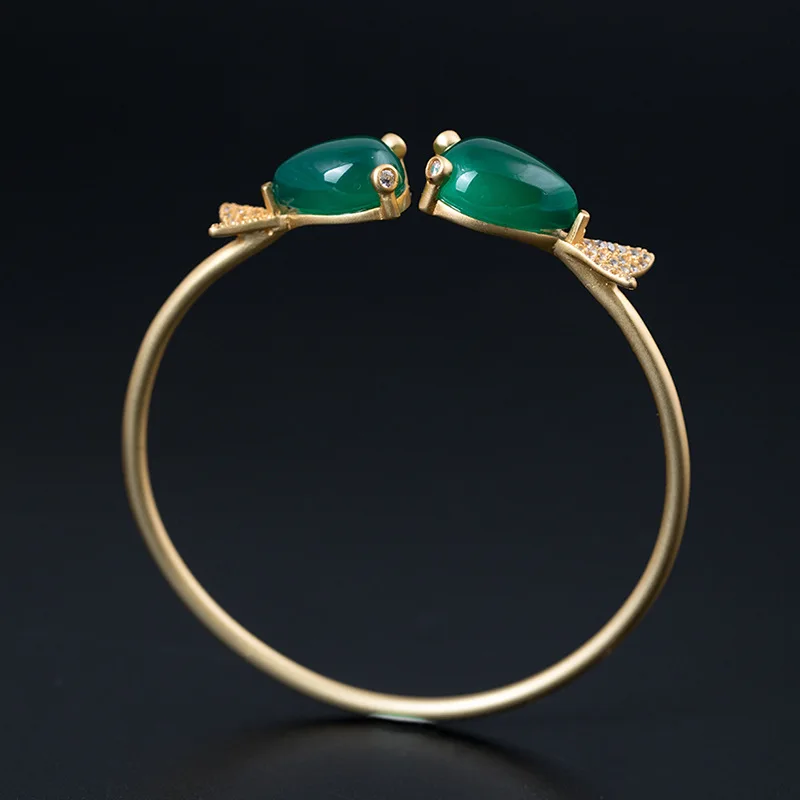 Amxiu Handmade Natural Chalcedony Bracelet Bangle Zircons Goldfish Bangles 925 Sterling Silver Jewelry For Women Mother Bijoux | Украшения