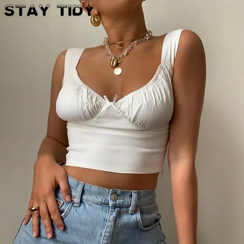 STAY TIDY повседневные белые укороченные топы со шнуровкой и бантом 2019 летние