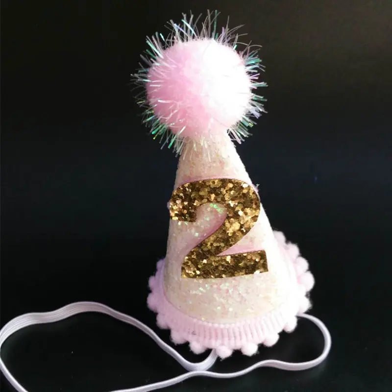 Girls 1st 2st Glitter Pompon Happy Birthday Hat Baby Shower Party Cake Caps Photo Props Hair Band Children Birthday Tiara Hats