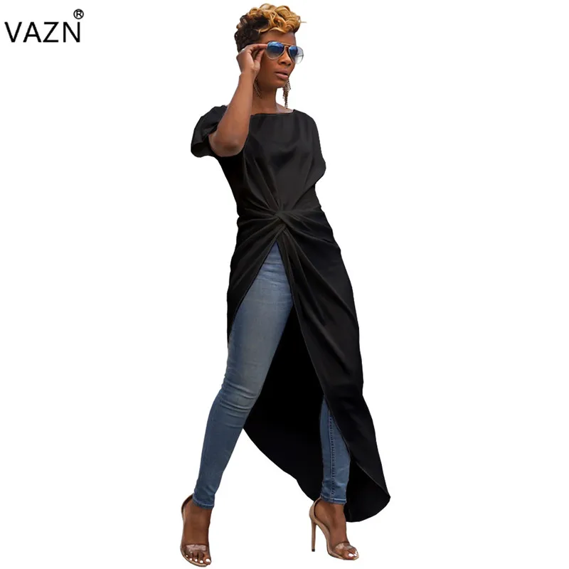 Женское длинное платье VAZN однотонное с круглым вырезом и коротким рукавом весна